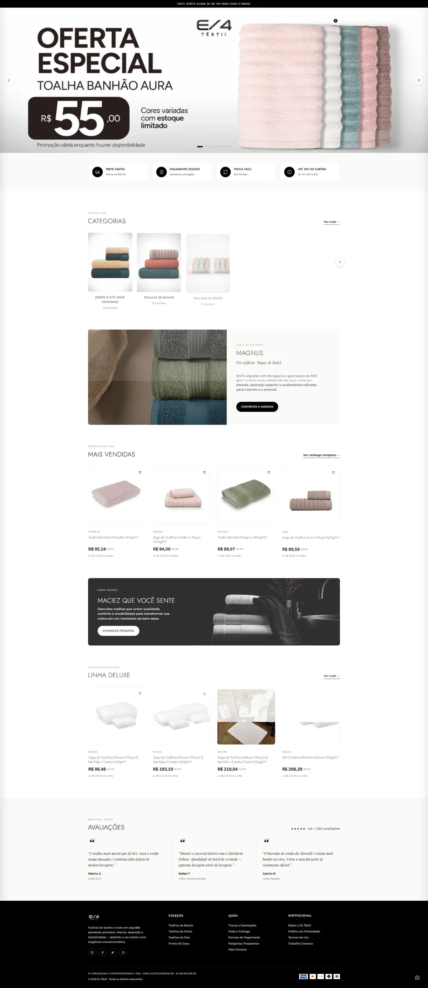 Página inicial do site E4 Textil — e-commerce, vista no desktop