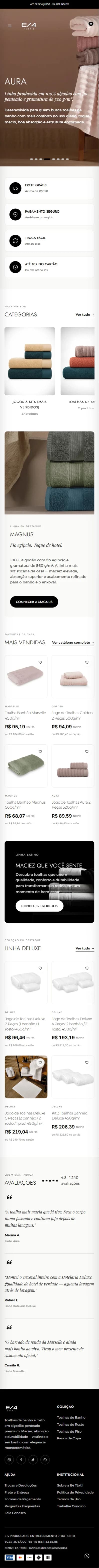 Página inicial do site E4 Textil — e-commerce, vista no celular