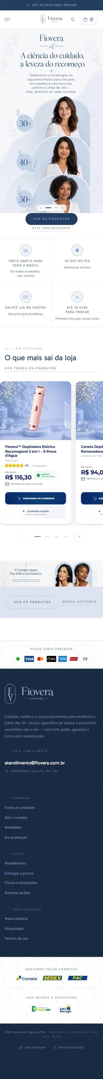 Página inicial do site Fiovera — e-commerce, vista no celular