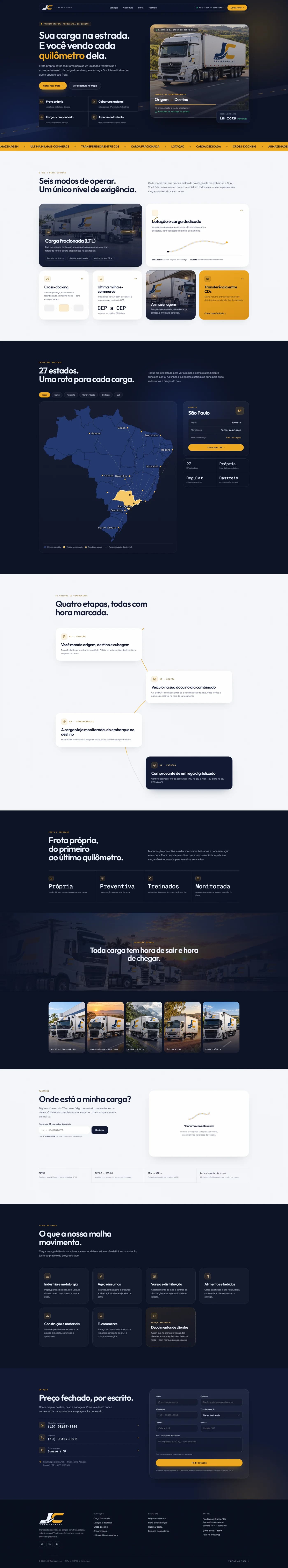Página inicial do site JCM Transportes — landing page, vista no desktop