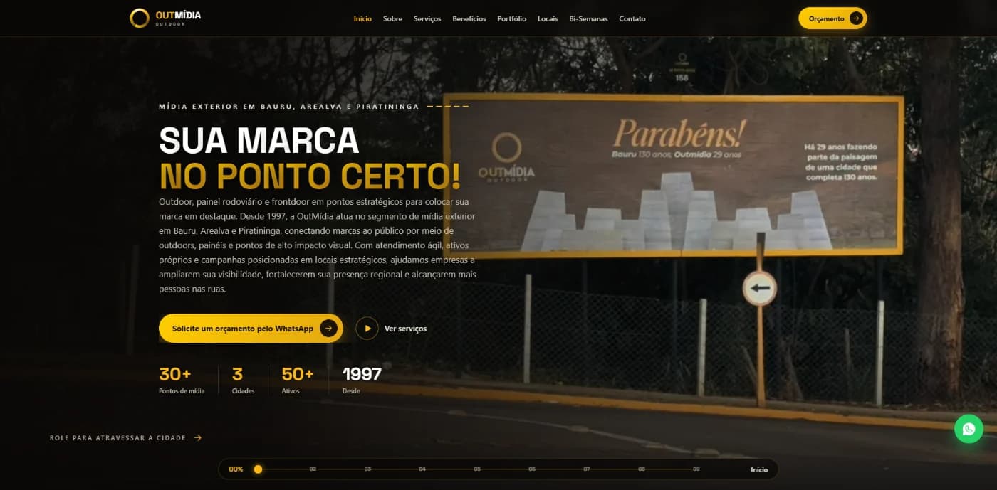 Página inicial do site Outmidia Outdoor — sites institucionai, vista no desktop